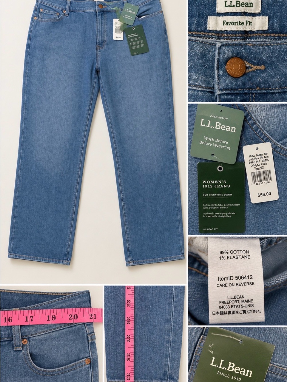 L.L.Bean 1912 Jeans Women’s 18 Reg Favorite Fit Straight Leg Blue NWT